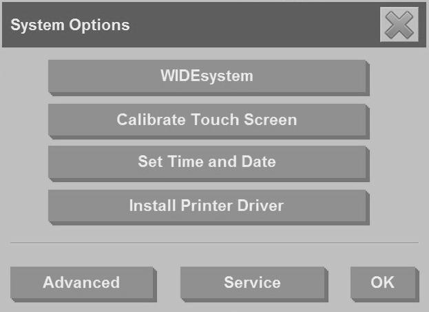Calibrate the touch screen pointer 1. Press the Setup tab. 2. Press the Options button. 3. Press the System button. 4.