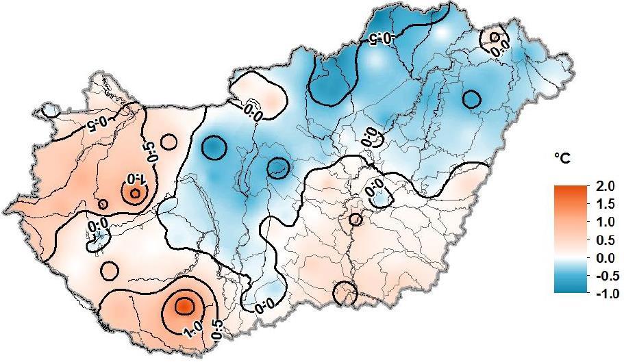 január havi középhőmérséklet átlagtól (1971-2) való eltérésének területi eloszlása 16 15