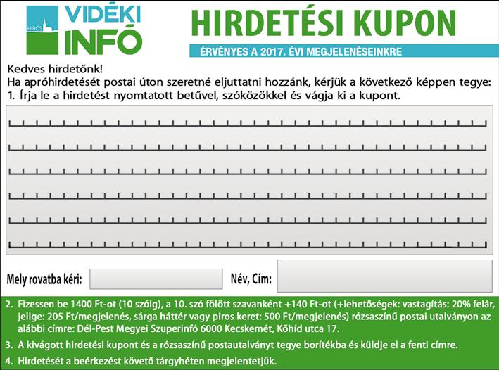 HÍRÖS www. videkiinfo. hu 5 I N G A T L A N TISZAKÉCSKÉN 360 nm-es, 11 szobás családi ház eladó. Ár: 35.5 MFt Tel.: +36 70 686 5151 TISZAKÉCSKÉN 50 nm-es, 2 szobás, 4 éves családi ház eladó. Ár: 14.