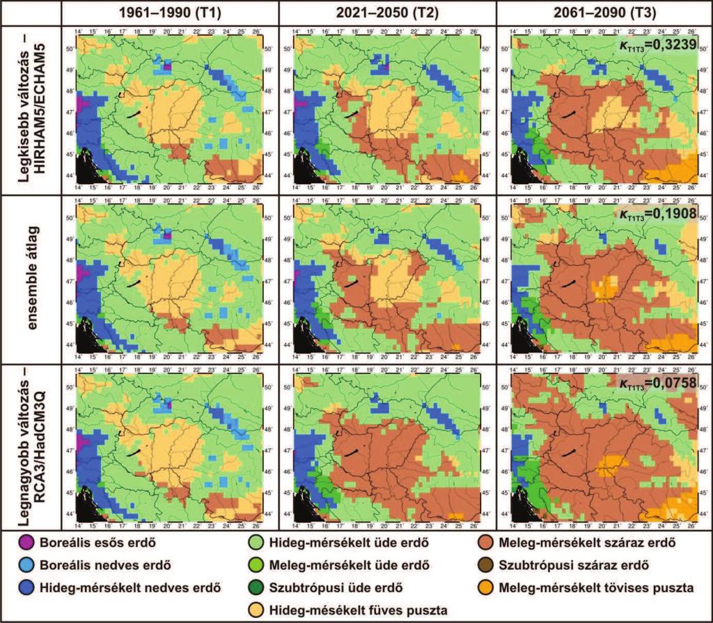 életzóna-térképek összevetésével tettük meg. Az egyezések mértékét szimulációnként a Cohen-féle Kappa mutatóval (κ) határoztuk meg.