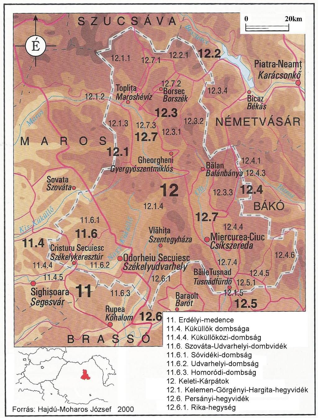 2. ábra Hargita megye DNy-i részének tájegységei (Forrás: Hajdú-Moharos J. 2000) szerint nagyon elkülönül az alacsonyabban elhelyezkedő, a dombsághoz tartozó völgyközi hátaktól.