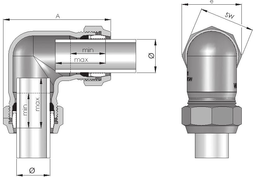 Temperöntvényből készült szorítógyűrűs gyorscsatlakozók WO könyök, mindkét végén szorítógyűrűs csatlakozással PE csőhöz: PE80, PE100, PE-Xa csövek DVGW GW 355 A2/ A3 munkalapja, DIN 8074/75 és DIN