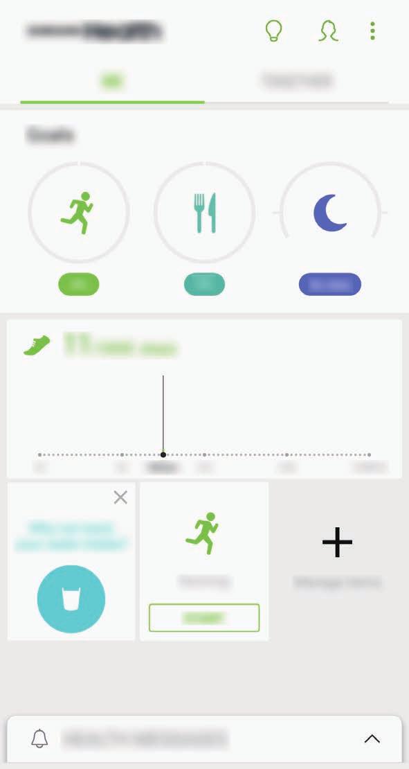 Alkalmazások és funkciók A Samsung Health használata A Samsung Health menüinek és figyelőinek segítségével megtekintheti a legfontosabb információkat az egészsége és fittsége figyelemmel követéséhez.