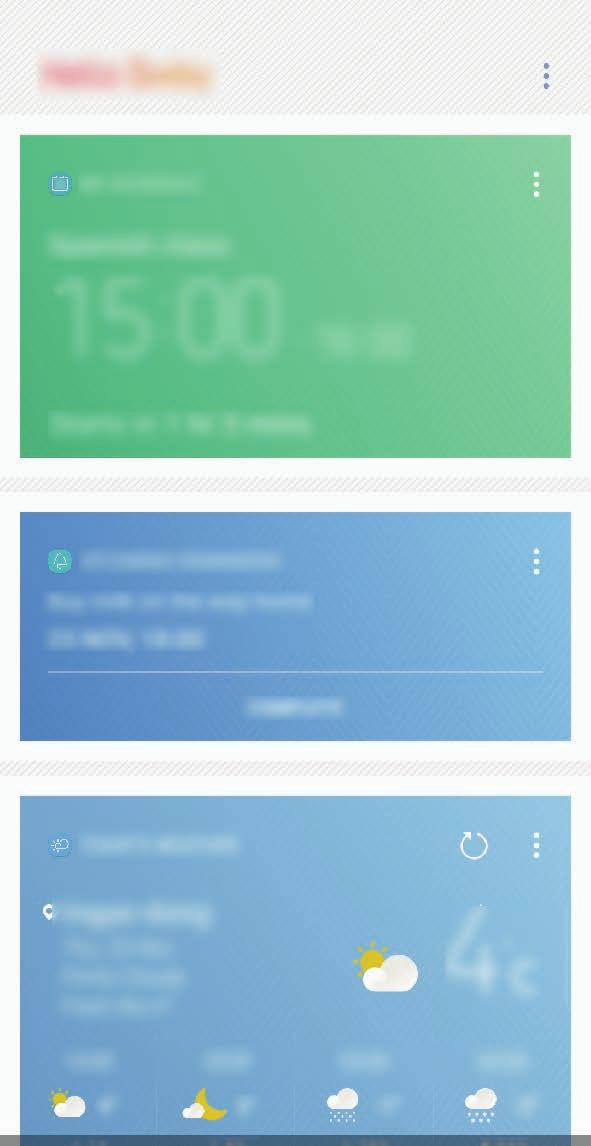 Alkalmazások és funkciók Bixby Kezdőlap A Bixby Kezdőlap képernyőn javasolt szolgáltatásokat és információkat tekinthet meg amiket a Bixby az Ön használati szokásainak elemzése révén ajánl fel Önnek.