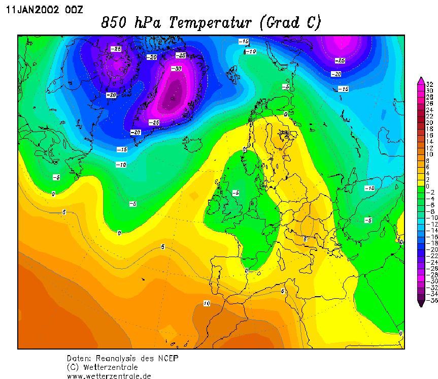 ábra A 85 hpa-os hőmérséklet (). január 5. UTC, illetve. január 11. UTC alkalmával A hőmérsékleti adatok alakulása. január 9. és 13. között - -4-6 -8-1 1.9 : 1.9 1: 1.1 : 1.1 1: 1.11 : 1.11 1: 1.