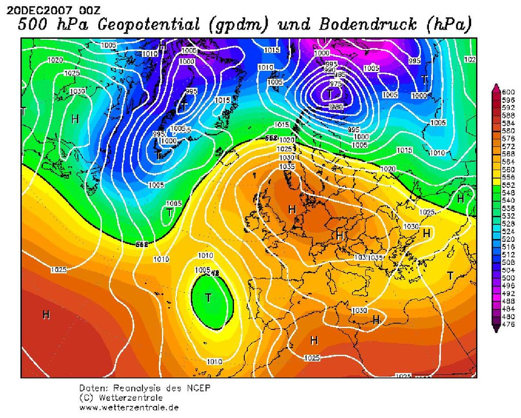 38. ábra 5 hpa geopotenciál (gpdm) és légnyomás (hpa) 7. december.