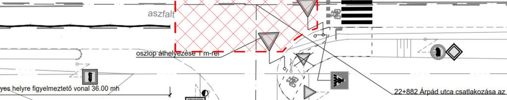 Cél: Az átvezetés előtti csatlakozási terület kiemelése, a felismerhetőség javítása, az Árpád utcából kifordulók számára a kifordulás biztonságának növelése. Megoldási javaslat: a.