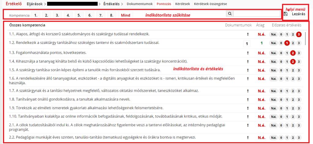 8 Pontozás A dokumentumok értékelése, megjegyzések, indikátorok rögzítése után lehetőség van az egyes indikátorok pontozására a korábban rögzített indikátorértékek alapján.
