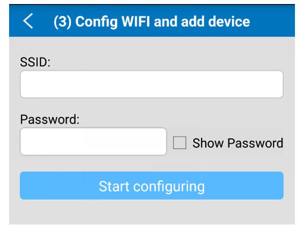 Aplikácia automaticky vyplní názov WiFi siete, zadajte heslo, ktorý je priradený k sieti WiFi, potom kliknite na nápis Start configuring (Začať konfigurovanie).