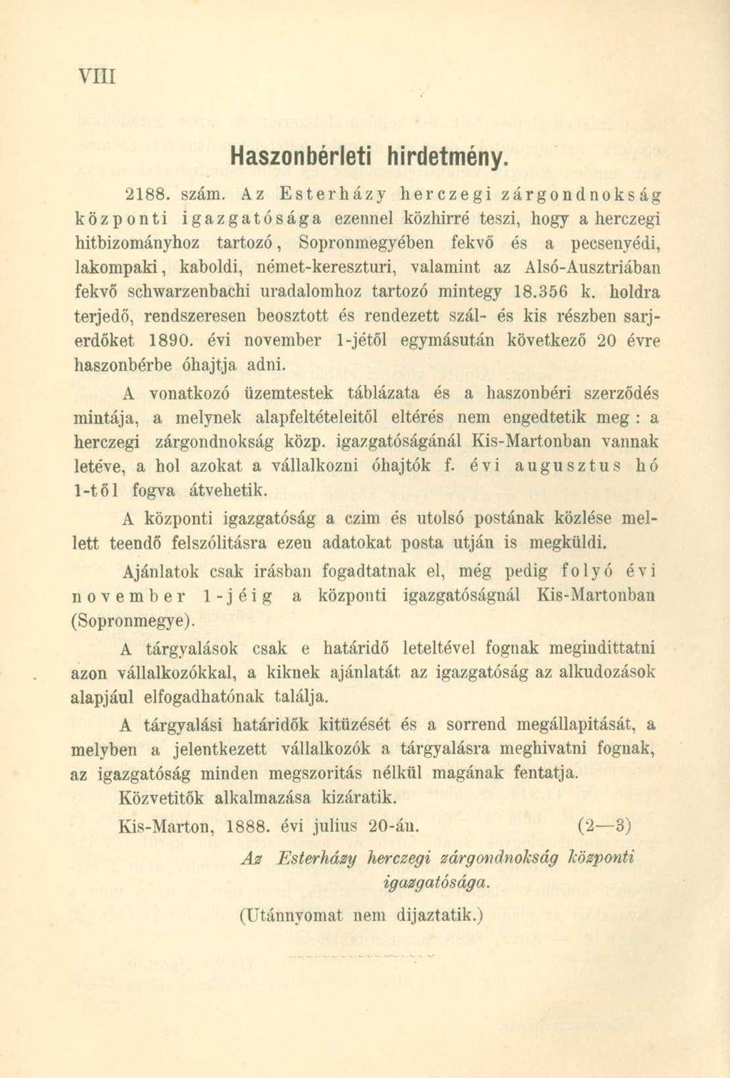 Haszonbérleti hirdetmény. 2188. szám.