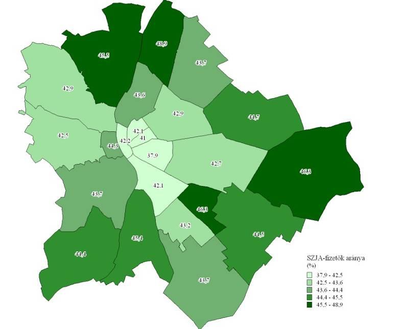 A legalacsonyabb értékkel rendelkező kerületek összefüggő zónát alkotnak a pesti oldal déli részén, Csepeltől kezdődően. Mozaikos képet mutat a belváros, az I., V., VI.