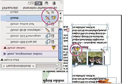 Használatban van és Elévült ikonnal ellátott Hozzárendelések panel (bal oldali kép) és elrendezés elévült tartalommal (jobb oldali kép) 4. Az InDesign-felhasználó frissíti a tartalmat.
