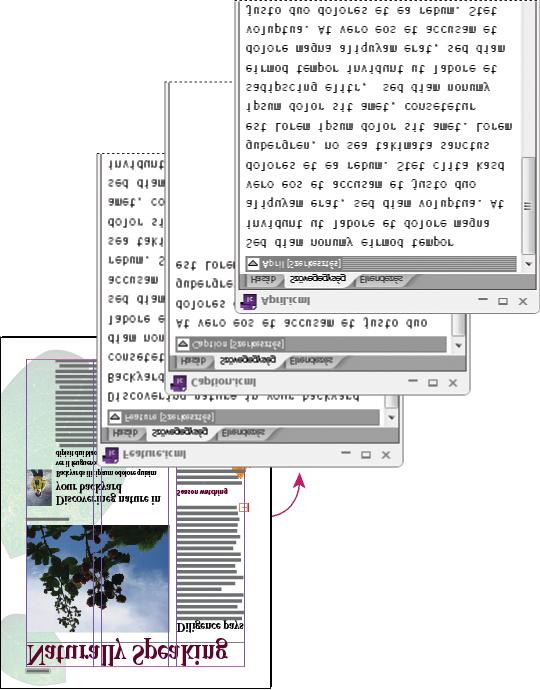 A három csatolt, de nem hozzárendelt tartalomfájlból (.icml) álló, az InCopy programban megnyitott InDesign dokumentum (.