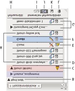 Az InDesign program Hozzárendelések panele A. InCopy-tartalmak nevei B. InDesign-dokumentum neve C. A hozzárendelés elavult állapot D. Elérhető és A szövegtartalom aktuális állapot E.