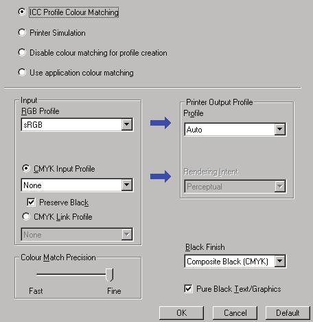 Bemeneti RGB-eszköz, például monitor, lapolvasó vagy digitális fényképezőgép színének illesztéséhez az alábbi beállításokat kell megadni a nyomtatóillesztő-programban: 1.
