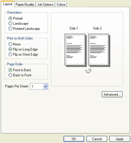 Windows PostScript illesztőprogram és Mac Az illesztőprogram Elrendezés lapján a 2 oldalas nyomtatás alatt válassza