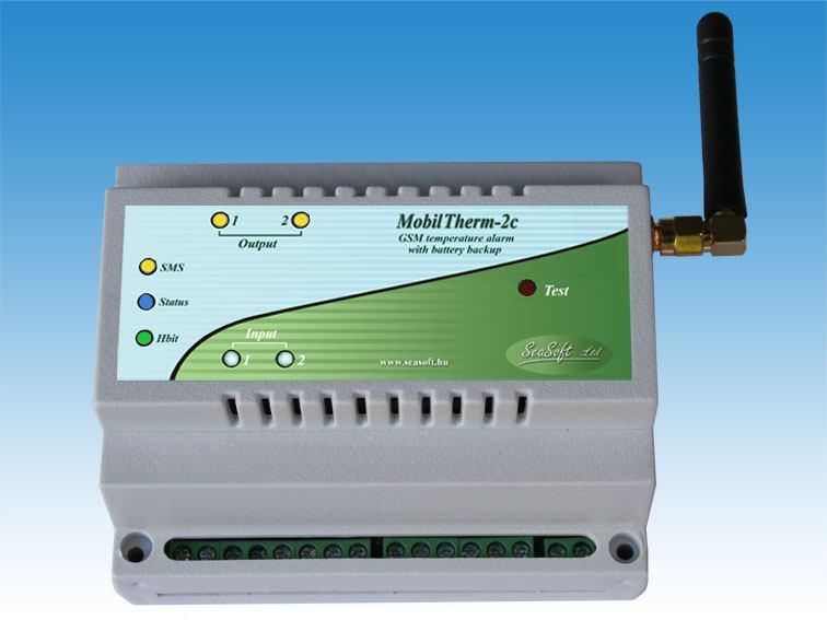 MobilTherm 2c 2 bemenets, 2 kimenetes DIN sines GSM távhőmérő és hőfokriasztó modul belső akkuval A MobilTherm-2c távmérésre, távjelzésre és távműködtetésre kifejlesztett ipari GSM alapú hőfokjelző