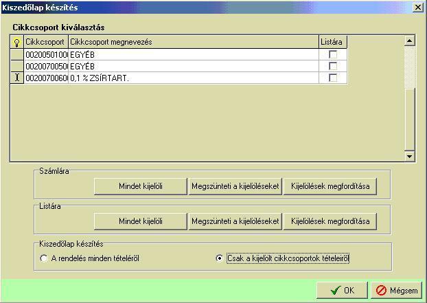 A listára jelölőnégyzettel lehet megadni, hogy a kiszedőlapra milyen termékkörök kerüljenek rá.