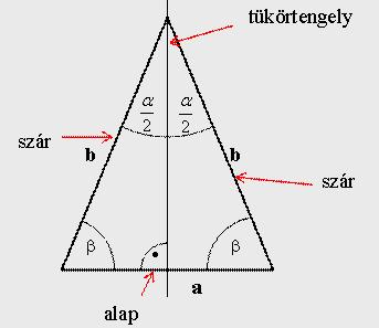 Egyenlő szárú, vagy szimmetrikus háromszög: Két oldala megegyezik, ezeket az oldalakat nevezzük száraknak (b), a harmadik oldalt pedig