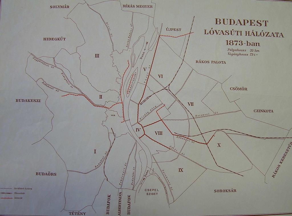 ábrázolják. Erre a célra készült el Budapest lóvasút hálózata 1873- ban címet viselő vonalhálózati térkép (9. ábra). 9.