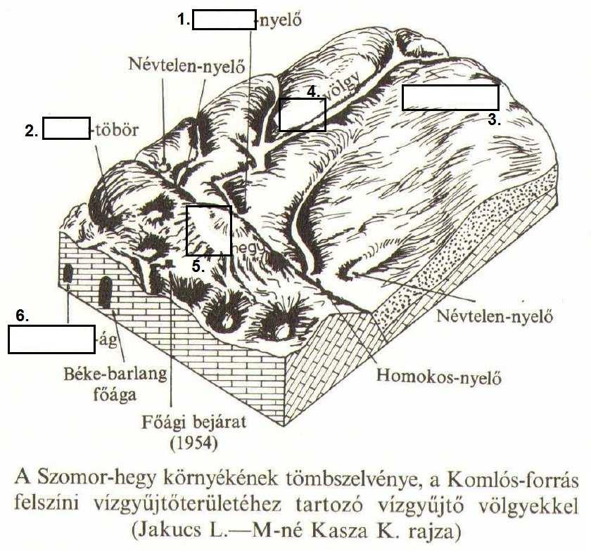 4. Nevezzétek meg az ábrán a számmal jelzett hiányosan megadott formakincseket! (6 pont) 1. Sziklás-nyelı 2. Bíbic-töbör 3. Vízválasztó 4. Nagy-völgy 5. Szomor-hegy 6. Felfedezı-ág VIII.