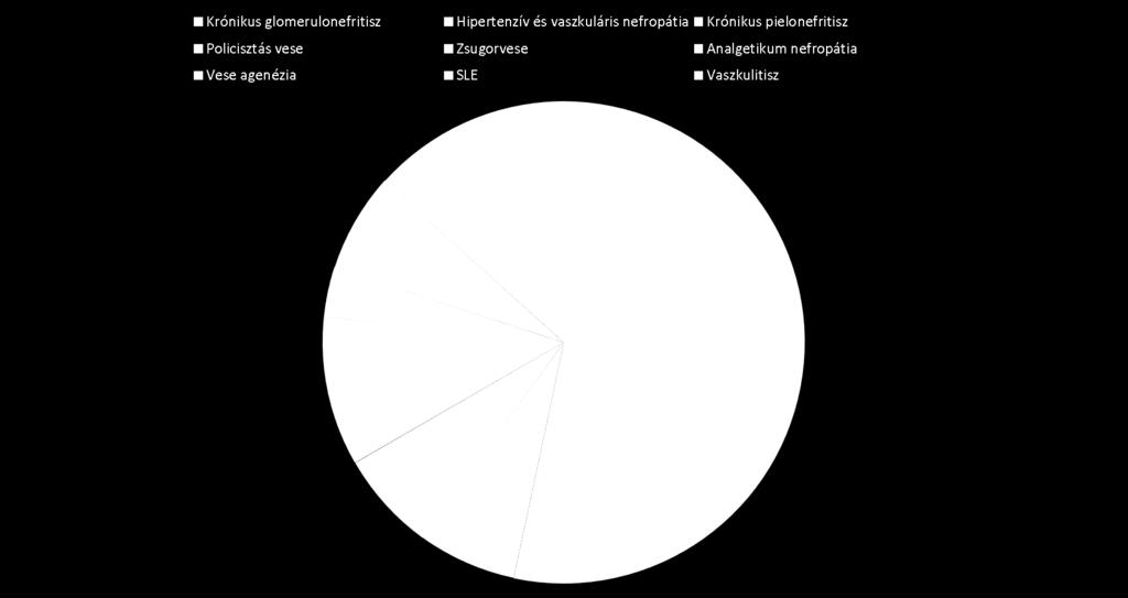 pielonefritisz (n=1), illetve policisztás vese (n=2), zsugorvese (n=2), analgetikum nefropátia (n=3), vese agenézia (n=1), SLE (n=2), vaszkulitisz (n=4).