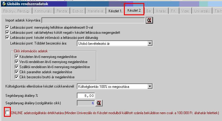 sikertelen lesz! Tehát kiemelt fontossága van ezen mezők kitöltésének!!! 1.2) Globális rendszeradatoknál új beállítási lehetőség ONLINE Számla adatszolgáltatás értékhatára.