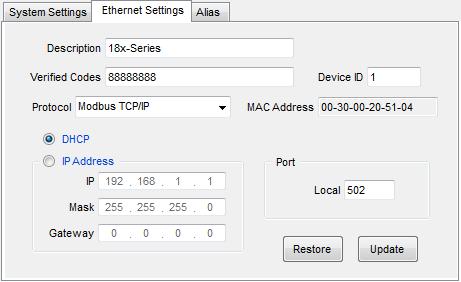 A-1860 (8DI/4DO/USB*1/Ethernet*1) Konfigurálás: USB vagy Etherneten keresztül történik Kommunikációs beállítások: Protokoll: Modbus TCP/IP Megadható az eszköz