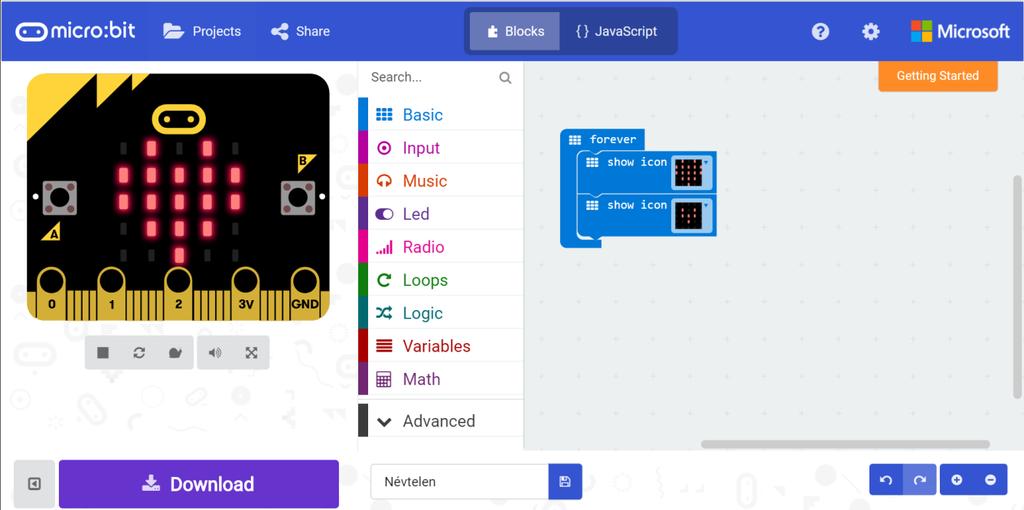 Az elérhető programozási környezetek bemutatása A micro:bit programozása asztali, illetve mobil környezetben is lehetséges, használhatunk vizuális blokknyelvet (JavaScript Blocks Editor 2 ), de akár