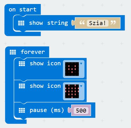 2. Szívdobbanás animáció készítése A micro:bit egy 5x5-ös LED mátrix kijelzőt is tartalmaz, amelyen (gördülő) szövegeket, számokat, ikonokat, sőt animációkat is megjeleníthetünk.