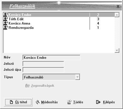 Felhasználók A programban felhasználók hozhatók létre amelyeket a rendszergazda a programban található menüpontokhoz jogosultsággal lát el.