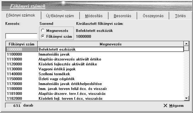 Főkönyvi számok E menüpont belépésekor a már kialakított számlarend jelenik meg, illetve az új főkönyvi számok felvitelének, módosításának, besorolásának, két főkönyvi szám összevonásának lehetősége,