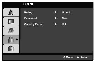Használatbavétel elõtt a DVD-lejátszó Zárolás (LOCK) (Szülõi felügyelet) Minõsítési kategóriák (Rating) Néhány DVD mozifilm tartalmazhat gyermekek számára nem ajánlott jeleneteket.