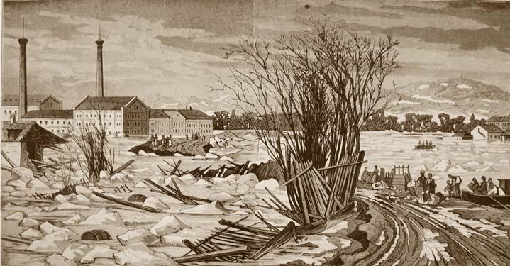 13-122. kép. Az 1876. évi árvíz, a Victoria gát szakadása Angyalföldön a korabeli rézkarc szerint. Háttérben a Victoria gőzmalom épülete a Duna parton.