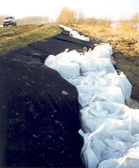 13-33. kép. Elhabolt rézsű hullámvédelme geotextíliára helyezett konténerzsákokkal Tiszanánánál.