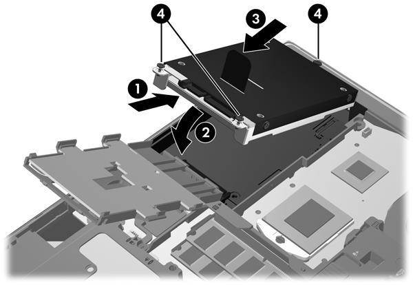 Merevlemez beszerelése Az EliteBook merevlemez-meghajtójának beszerelése: 1. Helyezze a merevlemezt döntve a merevlemezrekeszbe (1), majd fektesse le azt vízszintesen a rekeszben (2). 2.