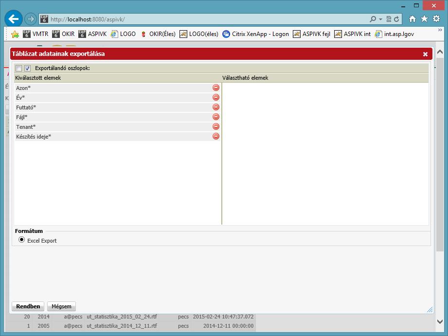 Alapesetben a lehetséges mezők a Kiválasztott elemek oldalon találhatóak. A mezőnevek sorában található gombbal a mezőt ki lehet venni az exportálandóak közül.