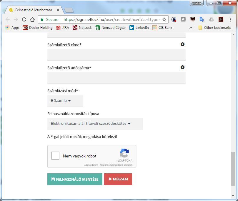 Az adatok kitöltése, véglegesítése és a lap alján található captcha kipipálását követően, kérjük, hogy nyomja meg a Felhasználó mentése gombot.