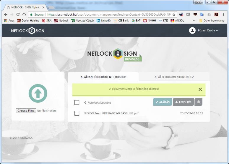 A NETLOCK SIGN Business aláíró portál jobb oldalán két fül alá rendezve vannak csoportosítva a dokumentumok.