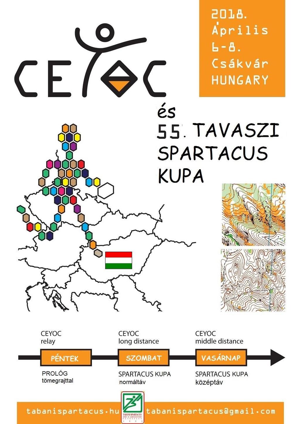 TOVÁBBI INFORMÁCIÓ A Tavaszi Spartacus Kupával egy időben és helyszínen rendezzük a 2018 évi CEYOC-ot (Central European Youth Orienteering Cup). Szurkoljunk együtt fiatal versenyzőinknek!