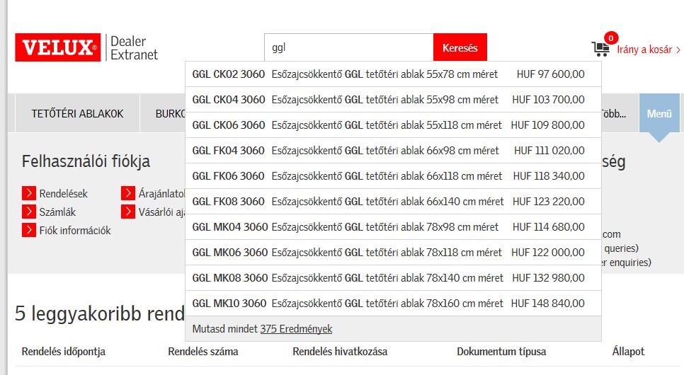 RENDELÉS KERESŐBŐL Amennyiben ismeri a termék pontos kódját a VELUX VIKI beépített keresőjébe tudja begépelni azt. Miután elkezdi begépelni a termékkódot, a lehetőségek megjelennek a képernyőn.