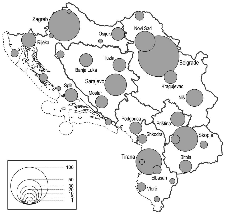 2. ábra: A nyugat-balkáni országok felsőoktatási intézményeinek területi elhelyezkedés, 2007, hallgatók száma, ezer fő Forrás: Nemzeti statisztikai adattárak alapján a szerző szerkesztése.