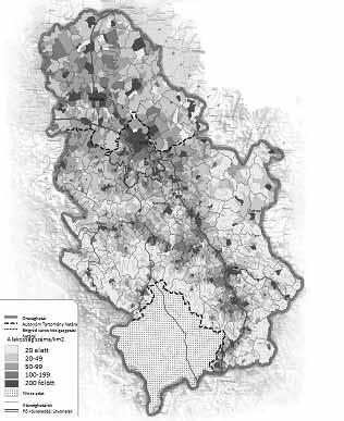 > 1. Demográfiai elemzések 5. ábra: Szerbia lakosságának területi megoszlása, 2010. Lendületben a regionális tudományig Forrás: Prostorni plan RS, 2010. > 1.1. Az elnéptelenedés dinamikája Szerbiában az elmúlt évtizedek hatalmas erejű demográfiai hanyatlást demográfiai regressziót hoztak.