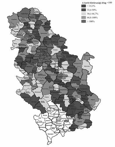 10. ábra A személyi jövedelem regionális alakulása Szerbiában, 2009. Forrás: Jakopin, 2010. > 4.