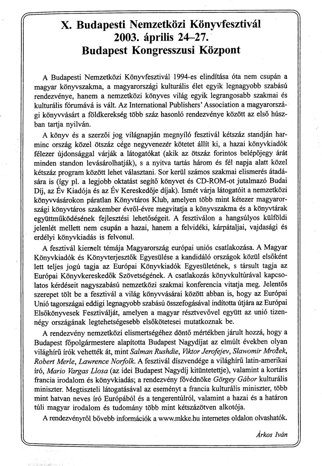 X. Budapesti Nemzetközi Könyvfesztivál 2003. április 24-27.
