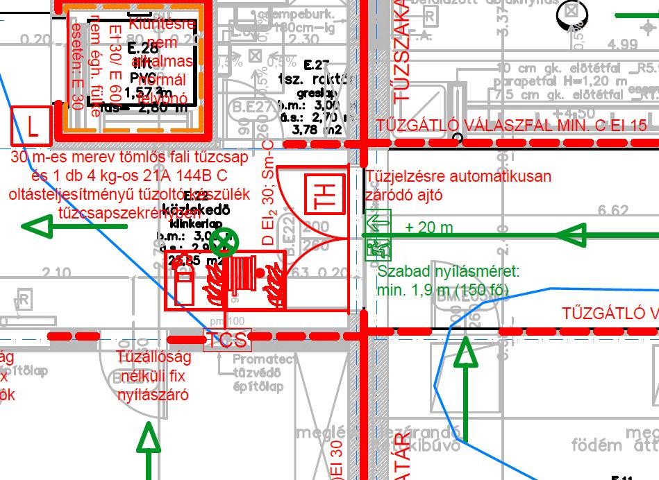 tervrajzok Tűzvédelmi alaprajzok: kiürítés, útirányok és útvonal hosszak Útirányok Útvonal