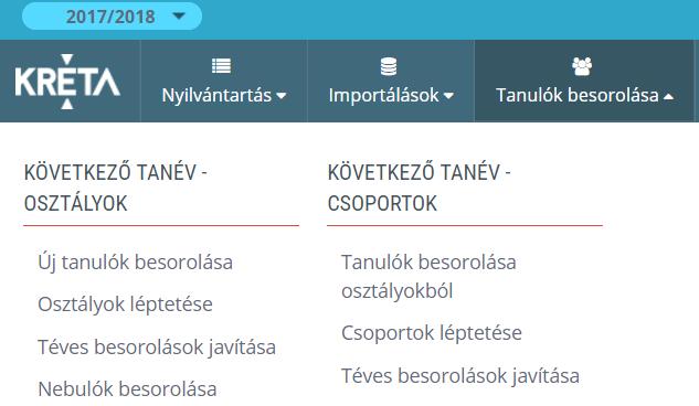 Besorolás/Átsorolás következő tanévre A KRÉTA rendszerben elérhetővé vált az a funkció, amellyel a diákokat át lehet sorolni a 2016/2017-es tanévű osztályaiból a 2017/2018-as tanévű osztályokba.