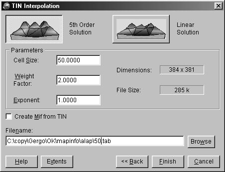 Itt öt lehetőség közül lehet választani: Vertical Mapper > Create Grid > Interpolation Háromszögelés simítással (Triangulation with Smoothing) Ezt a módszert elsősorban domborzatmodellek készítésénél