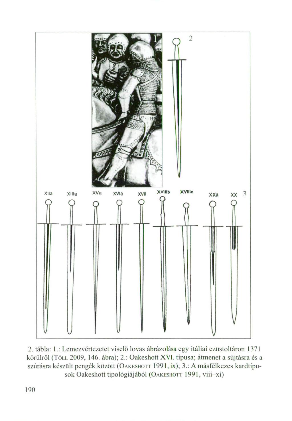 2. tábla: 1.: Lemezvértezetet viselő lovas ábrázolása egy itáliai ezüstoltáron 1371 körűiről (TÖLL 2009, 146. ábra); 2.: Oakeshott XVI.