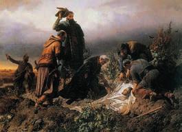 Melyik magyar király holttestének megtalálását ábrázolja a festmény? Hol és mikor zajlott le az a csata, amelyet követően életét vesztette a király is?
